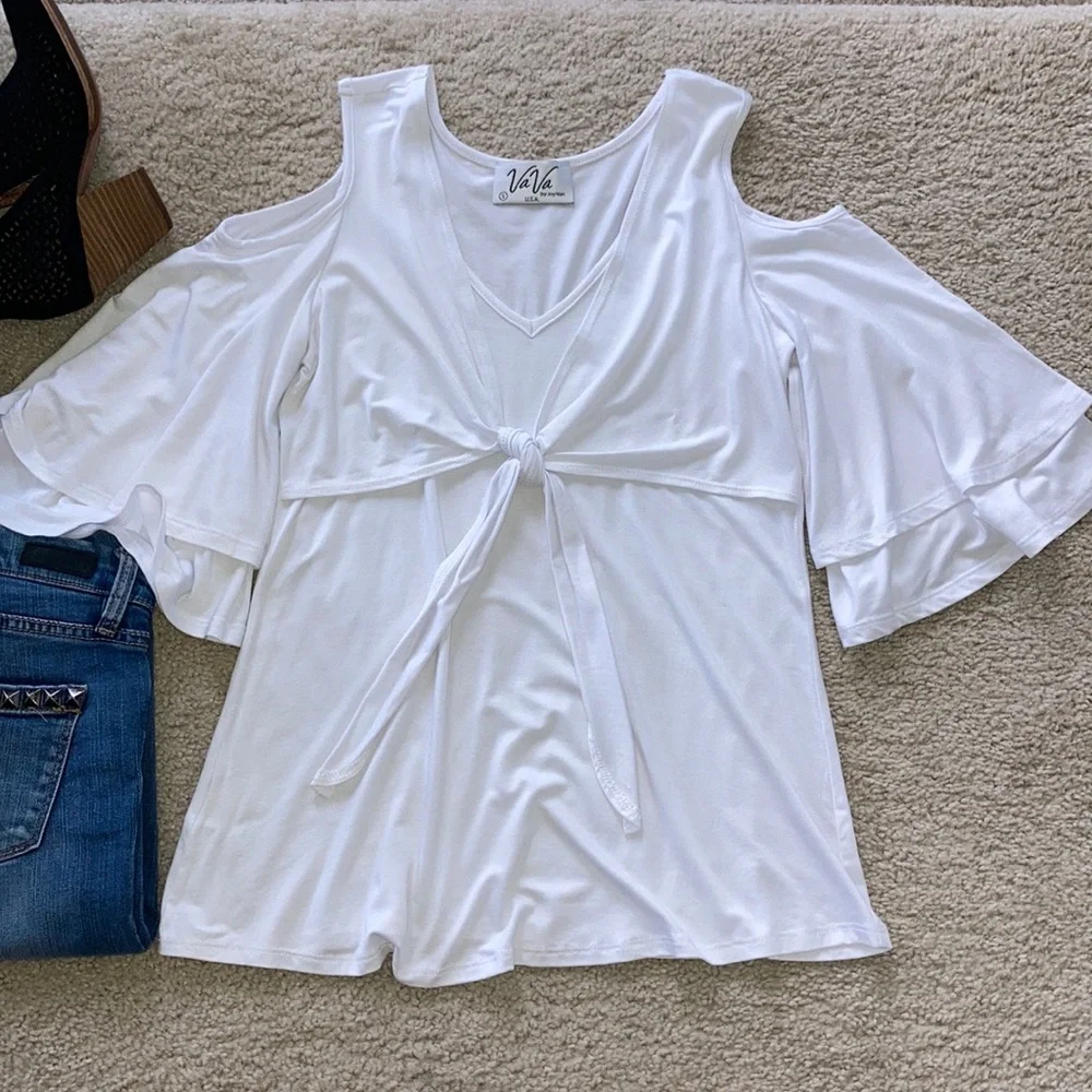White Cold Shoulder Tie Front Top - Picture 10 of 14